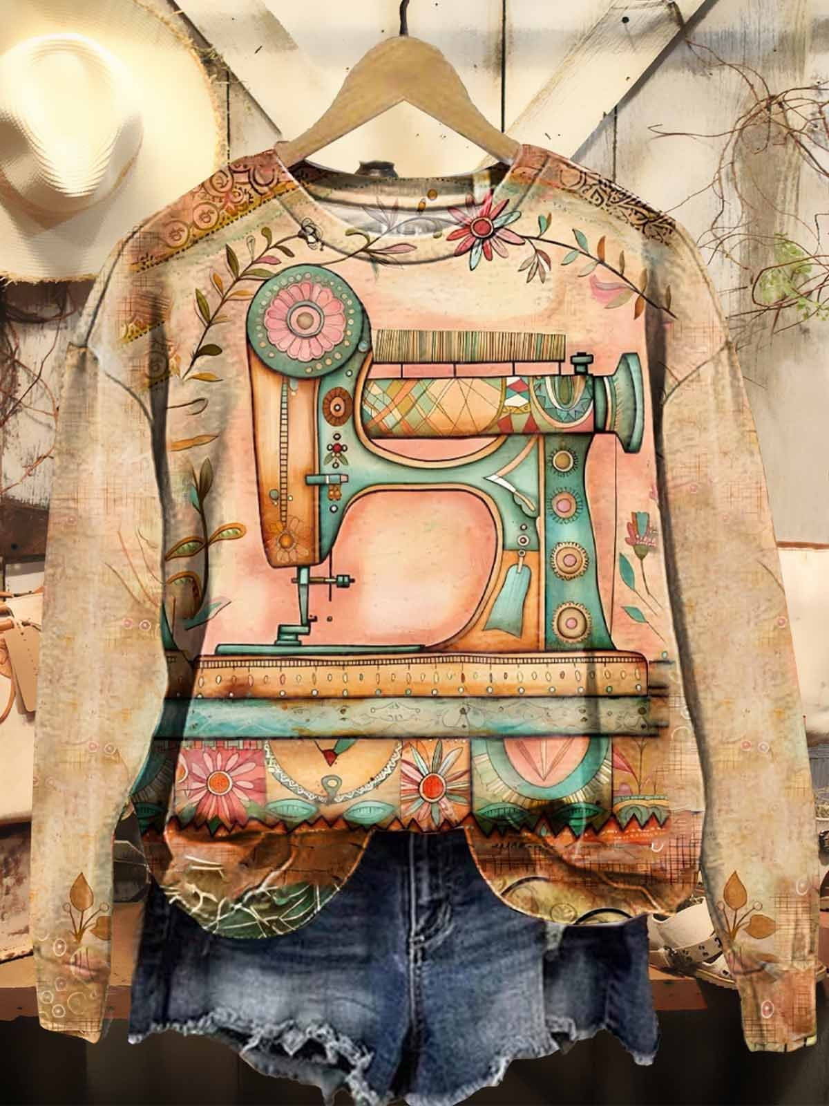 Women's Vintage Sewing Machine Print Casual Sweatshirt