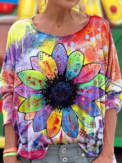 Women's Colored Sunflowers Retro Print T-shirt