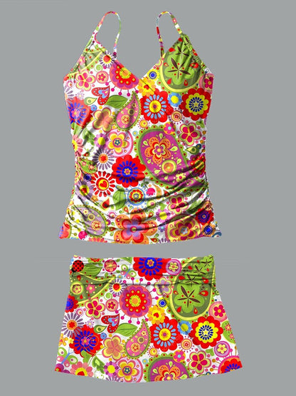 V-Neck Retro Hippie Paisley Pattern Print Suspender Skirt Tankini Pantskirt Set Swimsuit