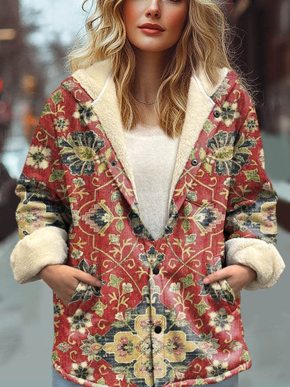 Women's Vintage Lovely Floral Art Print Waffle Plush Thick Long-Sleeved Hooded Coat