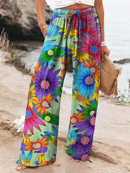 Women's Peace And Love Flower Art Printed Cotton And Linen Casual Pants