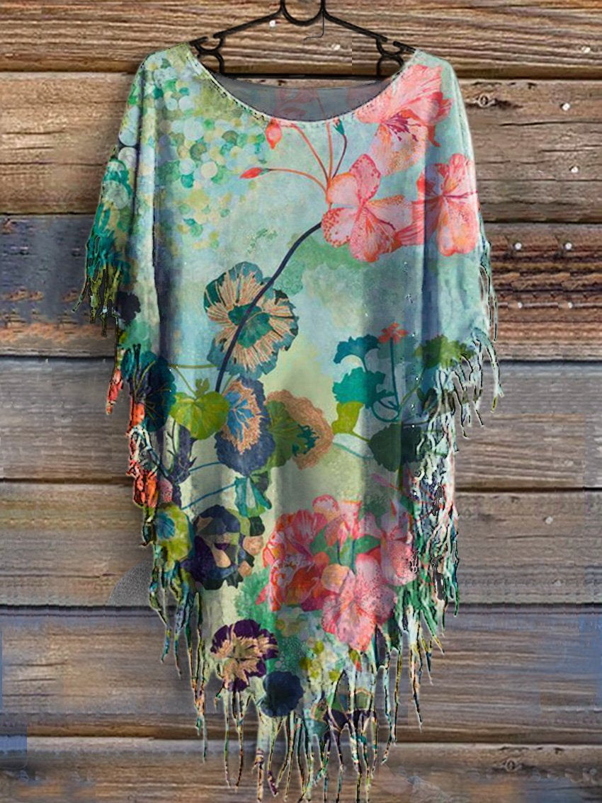 Women's Vintage Flowers Print Punk Hippie Batwing Tussle Fringes Poncho Dress