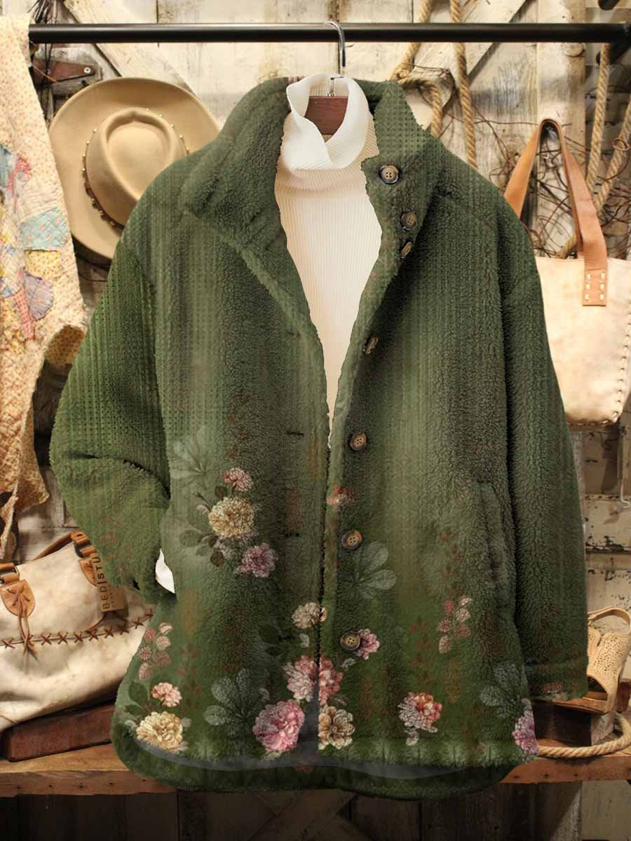 Women's Vintage Floral Pattern Casual Sherpa Coat Cardigan