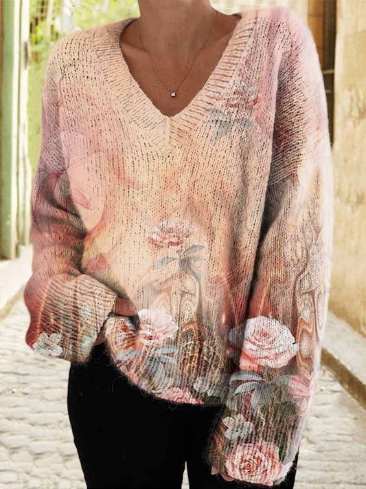 Women's Retro Floral Pattern Casual V-Neck Knit Sweater