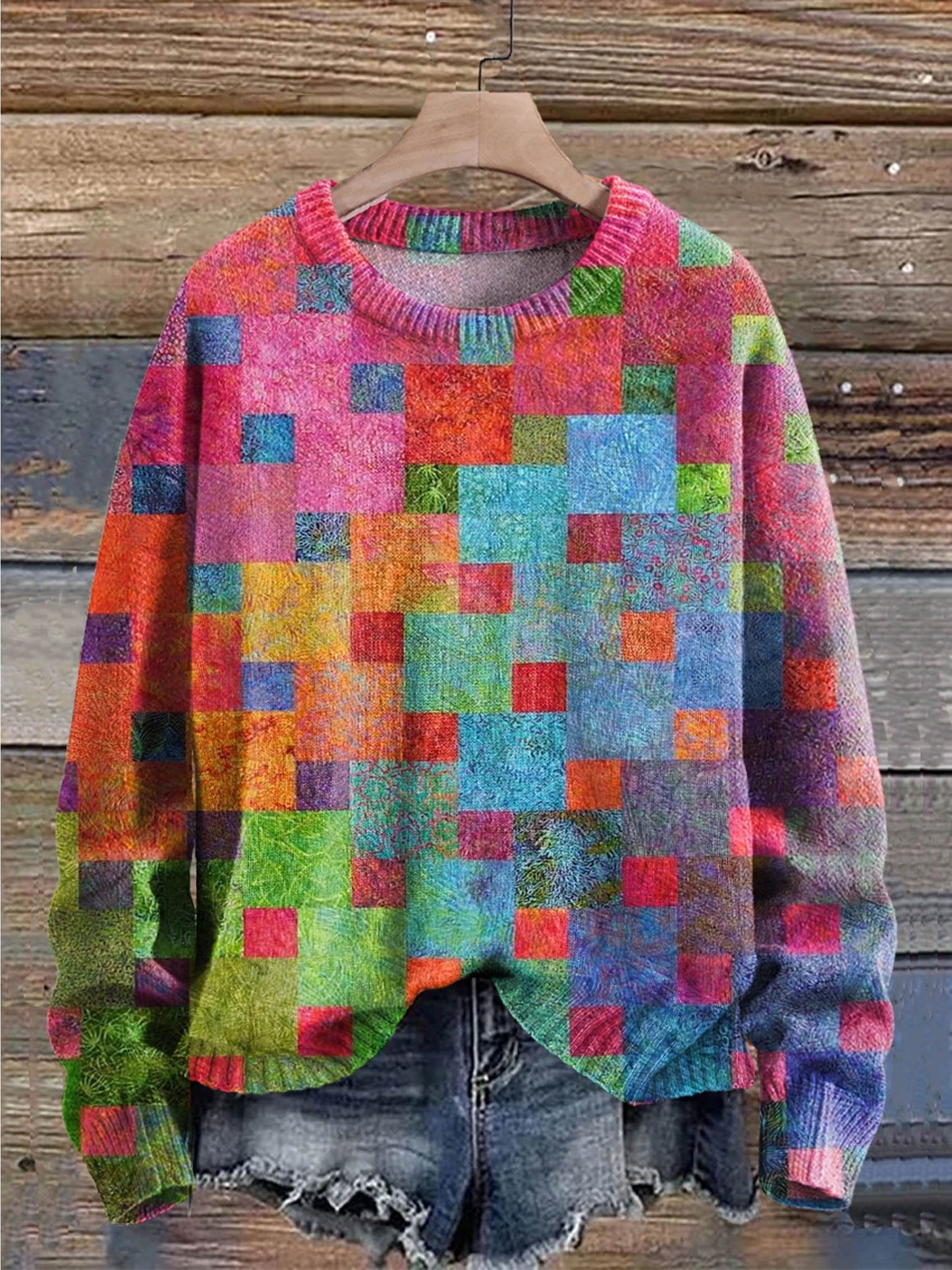 Colorful Squares Print Knit Pullover Sweater