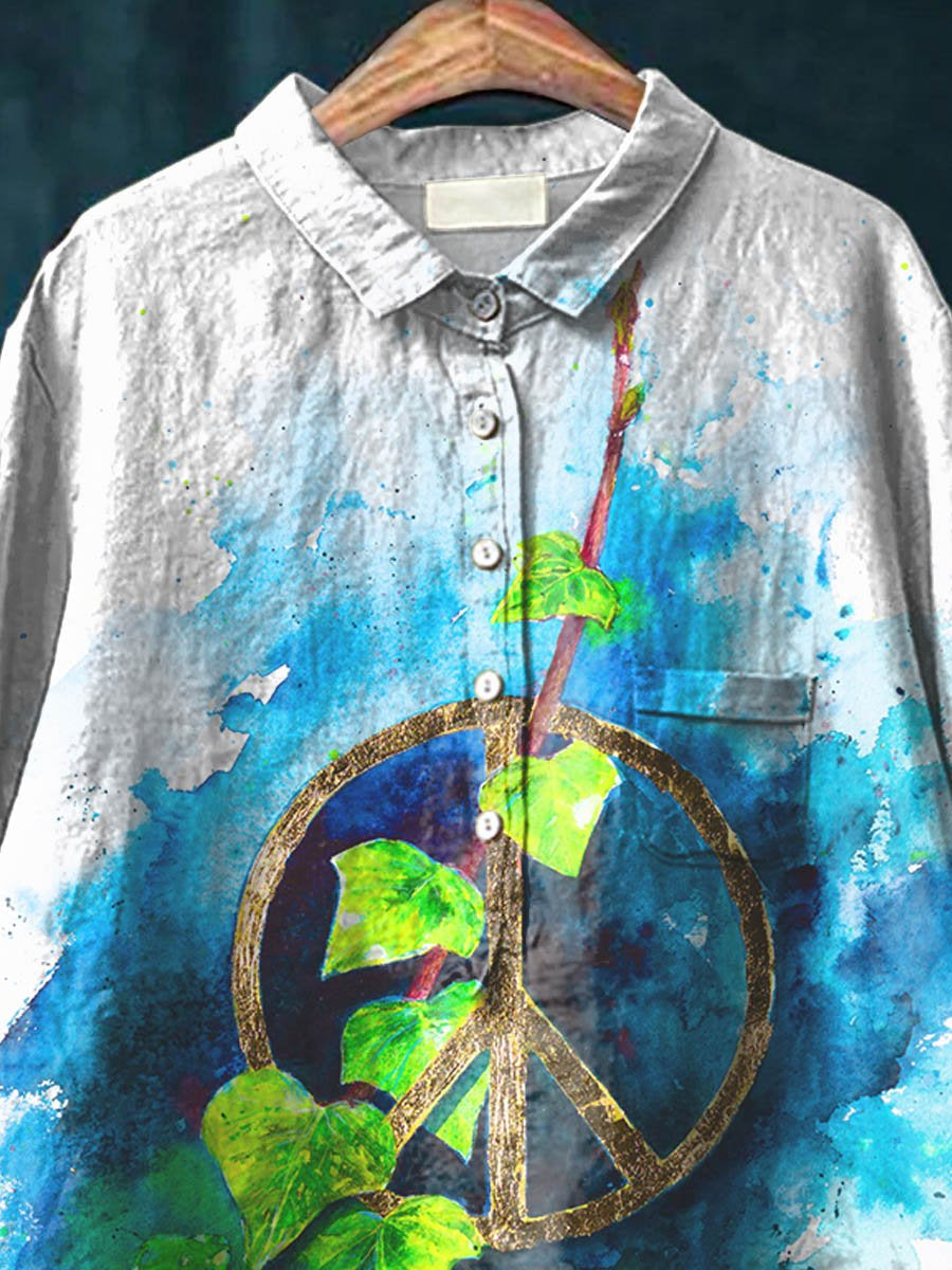 Women's Watercolor Peace Art Pattern Print Casual Cotton And Linen Shirt