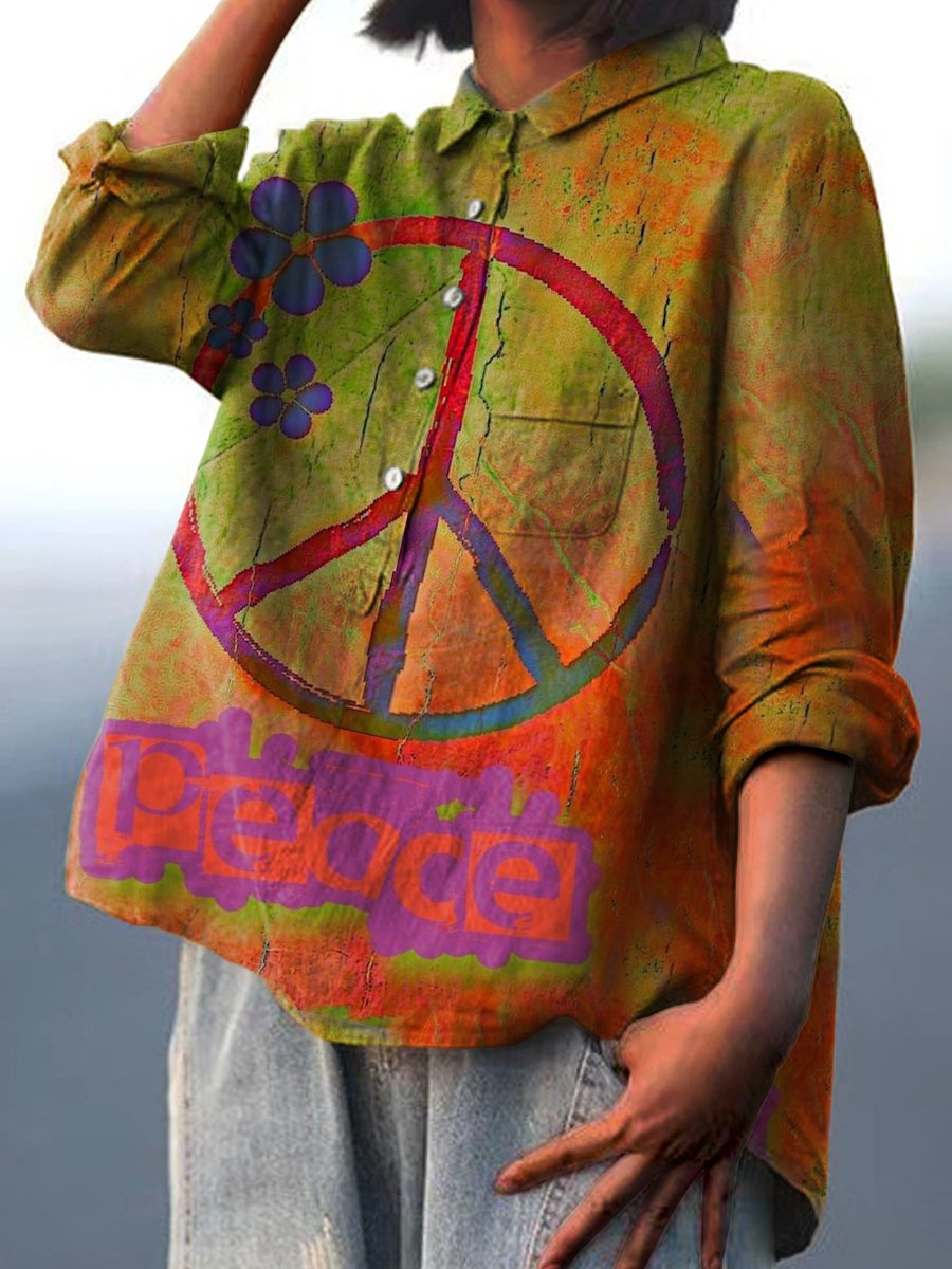 Women's Rainbow Color Retro Gradient Peace Sign Print Casual Cotton And Linen Shirt