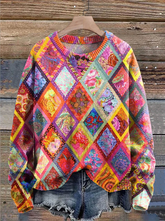 Colorful Plaid Square Flowers Print Knit Pullover Sweater