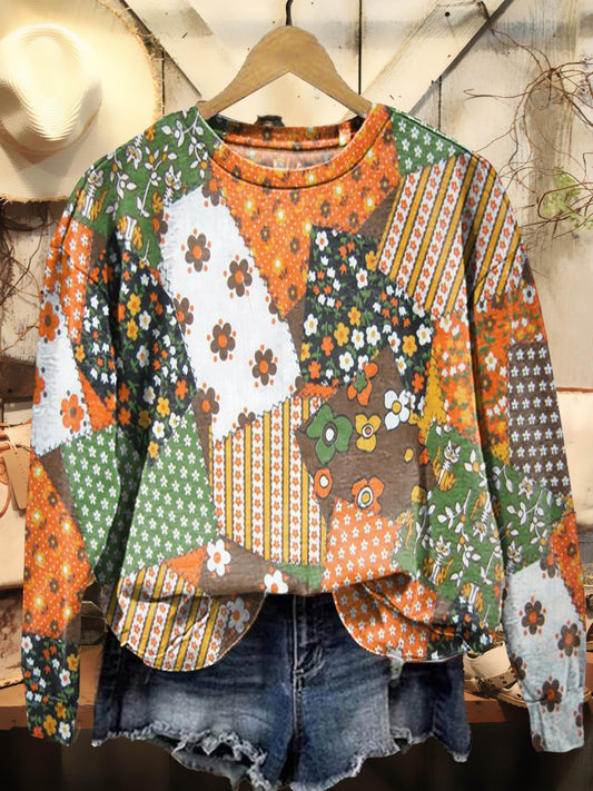 Flower Patchwork Print Casual Sweatshirt