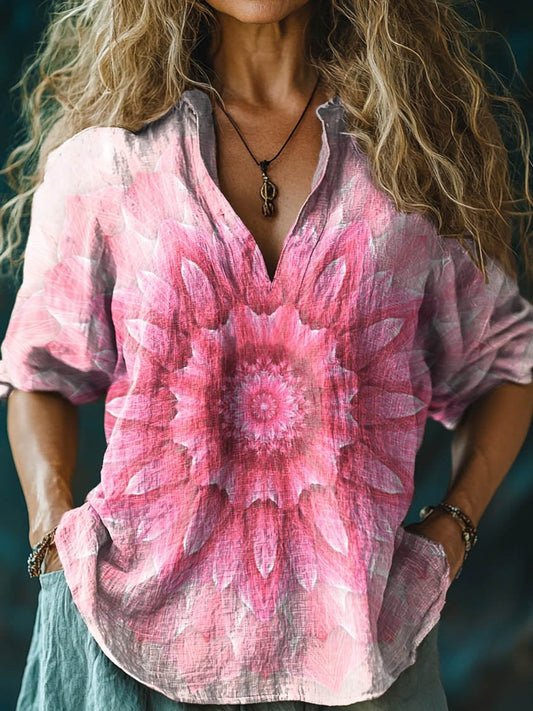 Women's Floral Mandala Print Casual Linen V-neck Shirt