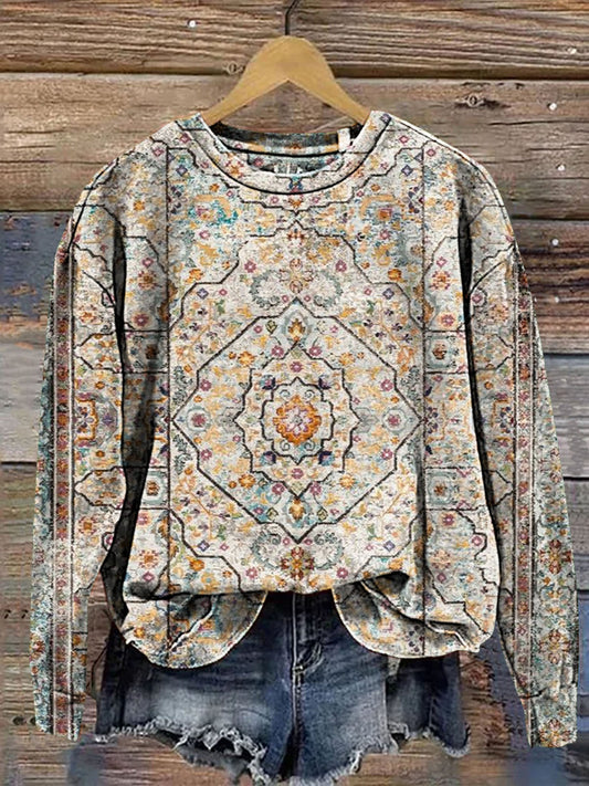 Retro Boho Flower Print Casual Sweatshirt