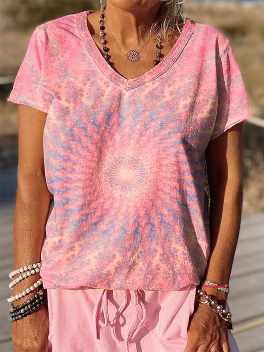 Women's Retro Kaleidoscope Tie Dye Print V-neck Casual T-Shirt