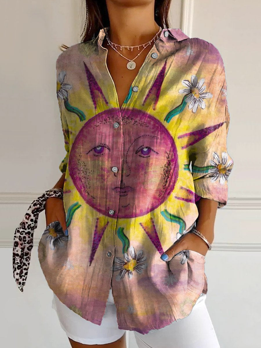 Women's Vintage Colorful Sun Print Casual Cotton Shirt