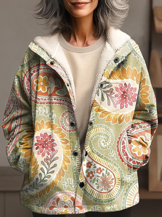 Retro Paisley Print Waffle Plush Thick Long-Sleeved Hooded Coat