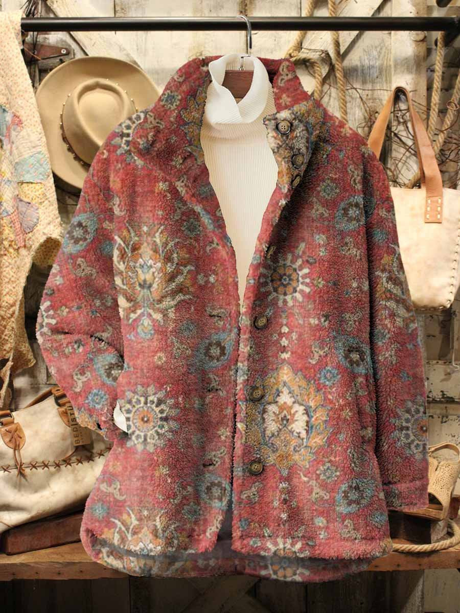 Women's Bohemian Retro Ethnic Pattern Casual Sherpa Coat Cardigan