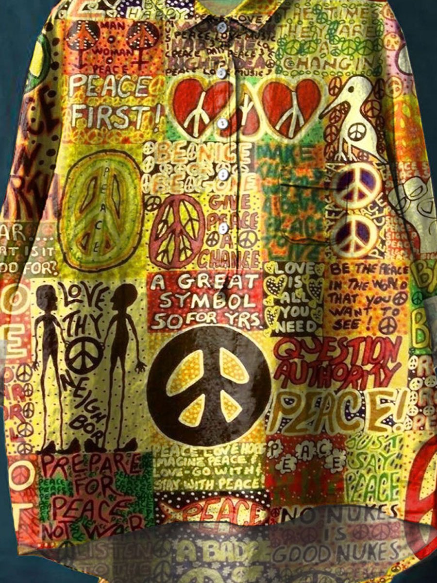 Peace And Love Hippie Art Print Casual Cotton And Linen Shirt