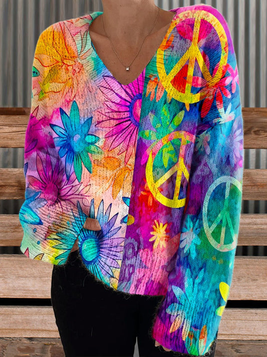 Women's Vintage Hippie Flowers Art Print Casual V-neck Pullover Knit