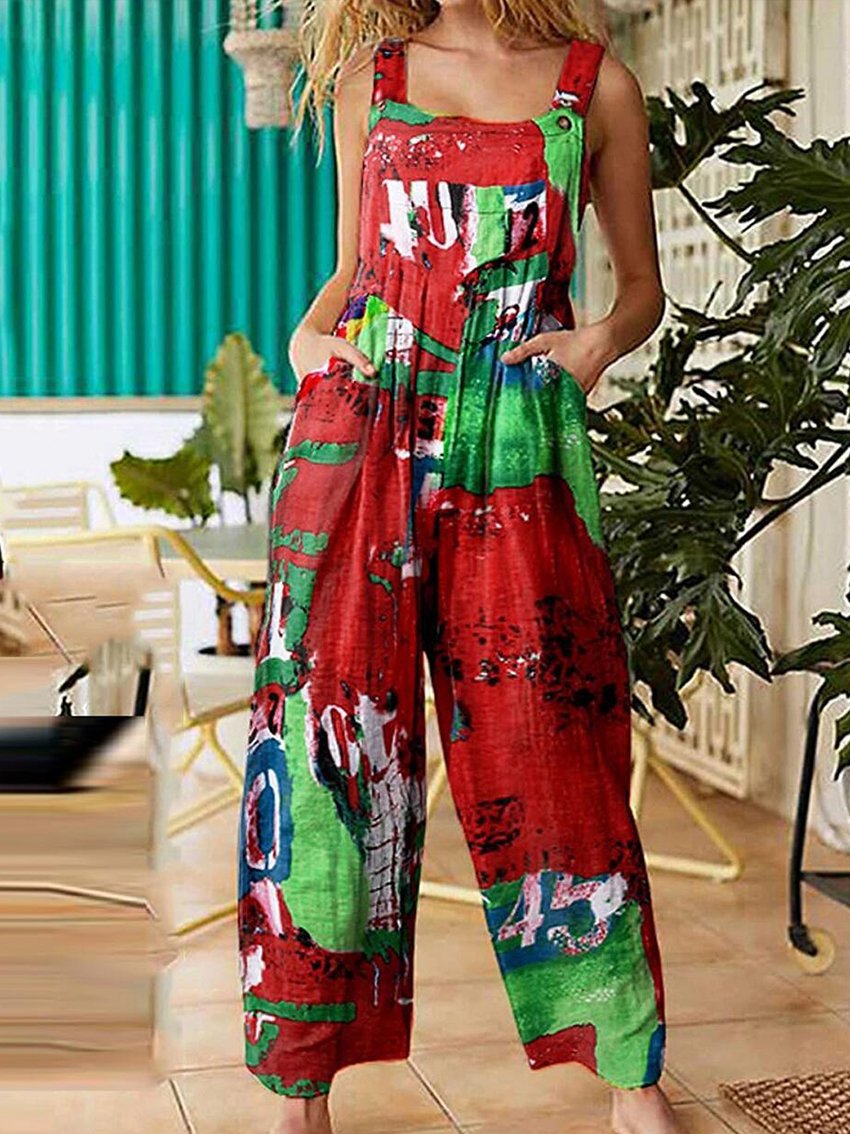 Floral Pattern Hippie Art Print Casual 100% Cotton Wide Leg Jumpsuit