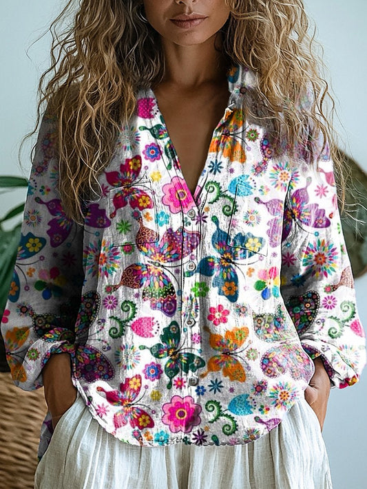 Women's Colorful Floral Butterfly Pattern Print Casual Long Sleeve Comfortable Cotton Shirt