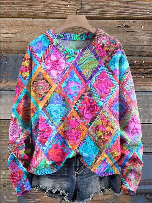 Colorful Plaid Square Flowers Print Knit Pullover Sweater