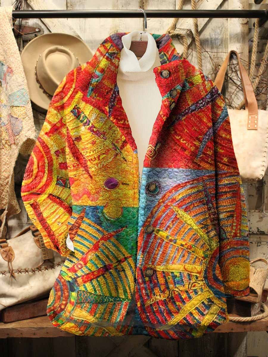 Women's Bohemian Colorful Geometric Art Pattern Casual Sherpa Coat Cardigan