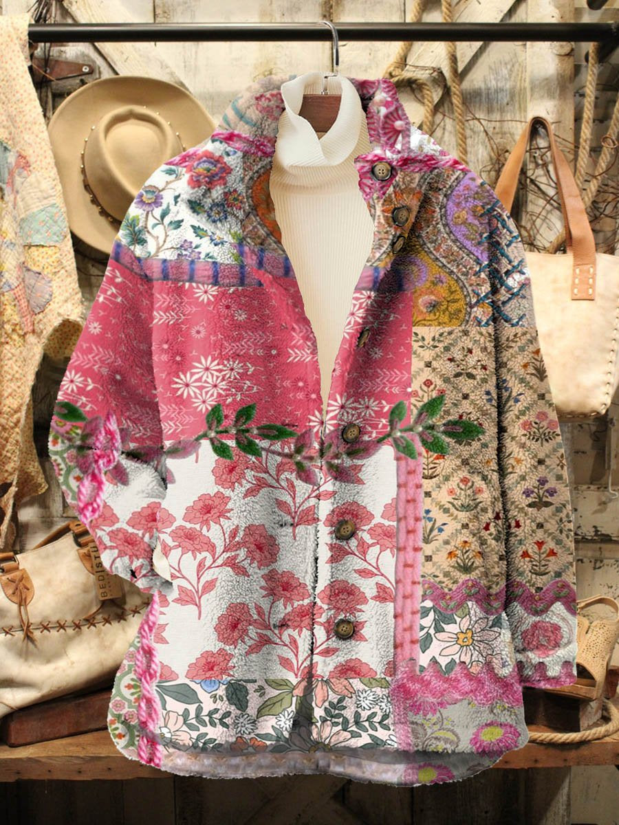 Women's Retro Floral Patchwork Print Casual Sherpa Coat Cardigan