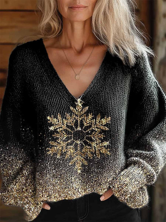 Women's Glitter Snowflakes Art Pattern Casual V-Neck Knit Sweater