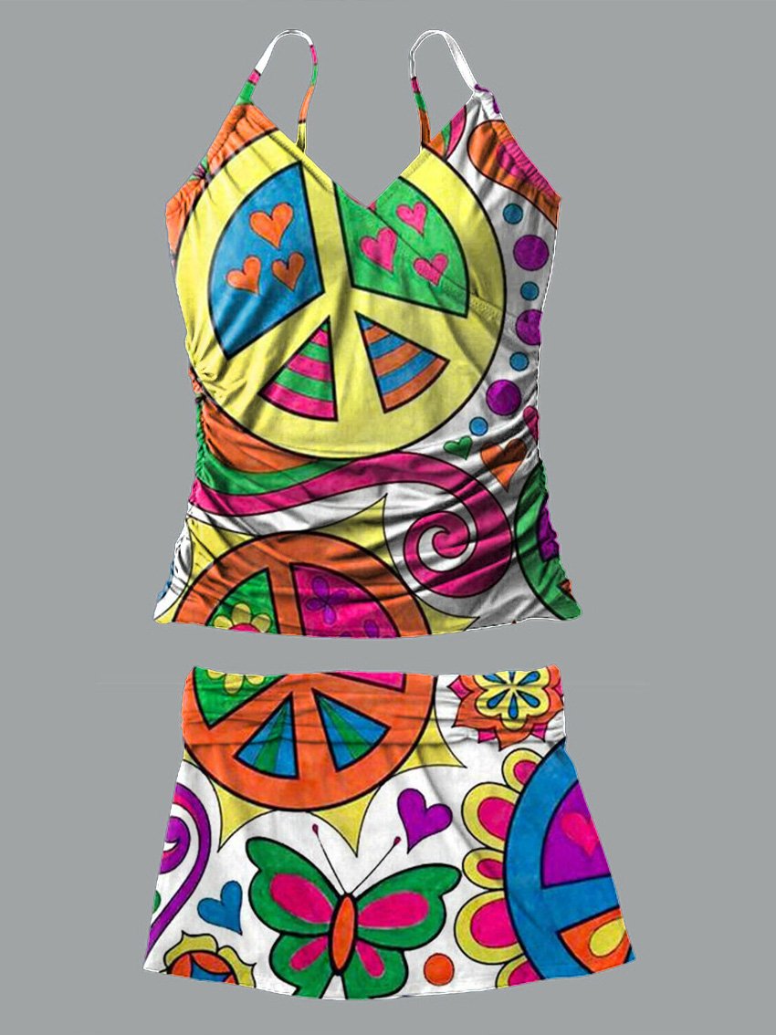 V-Neck Retro Peace Sign Hippie Print Suspender Skirt Tankini Pantskirt Set Swimsuit