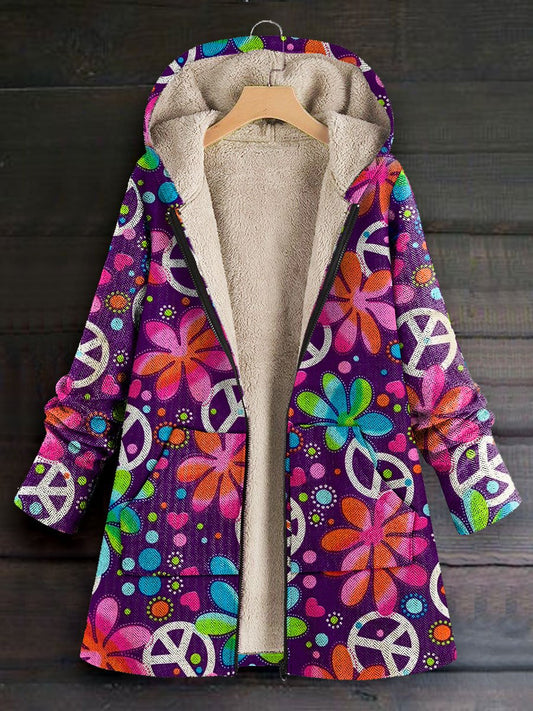 Women's Love Peace Art Print Casual Winter Warm Cosy Long Sleeve Fleece Coat