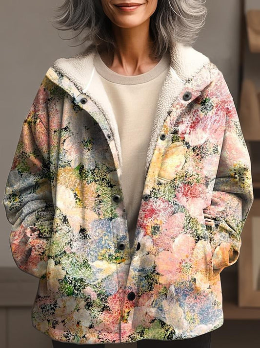 Women's Floral Art Print Waffle Plush Thick Long-Sleeved Hooded Coat