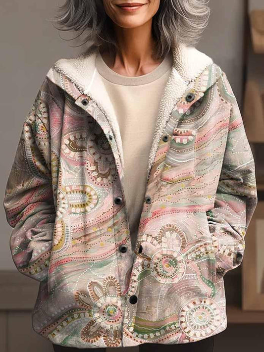 Women's Ethnic Floral Art Print Waffle Plush Thick Long-Sleeved Hooded Coat