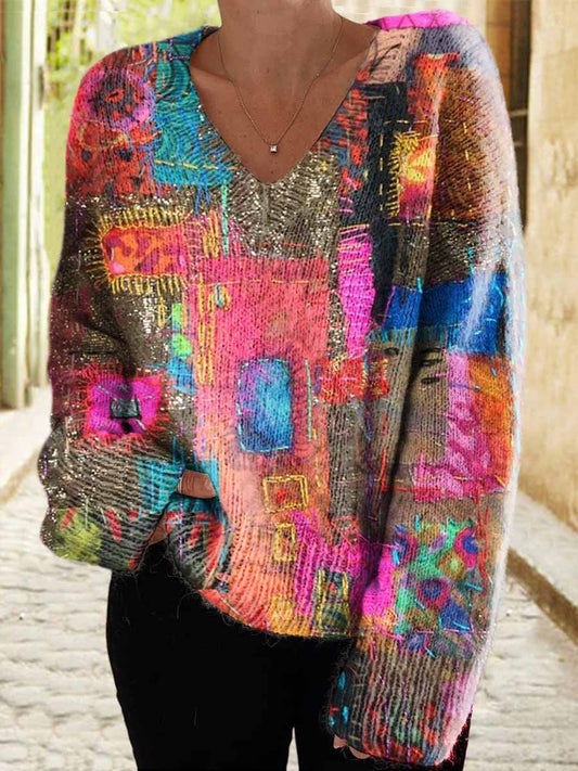 Women's Colorful Patchwork Art Casual V-Neck Knit Sweater