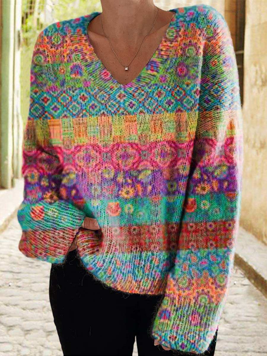 Women's Retro Art Print Casual V-Neck Pullover Knit Sweater