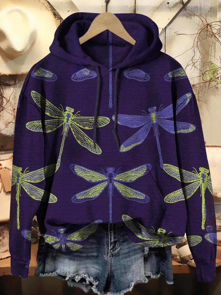 Women's Dragonfly Art Pattern Print Casual Pocket Hooded Sweatshirt