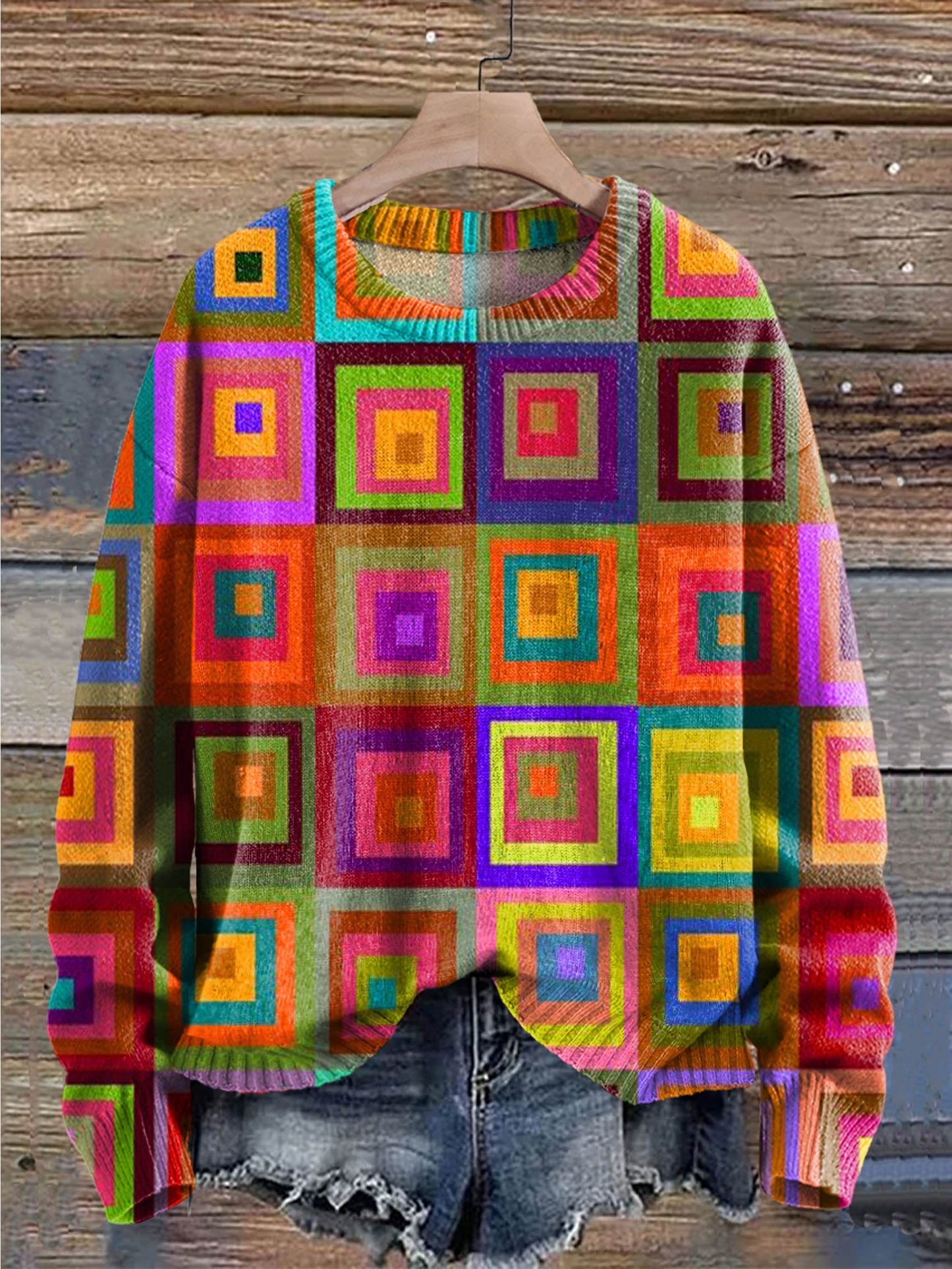 Colorful Squares Print Knit Pullover Sweater