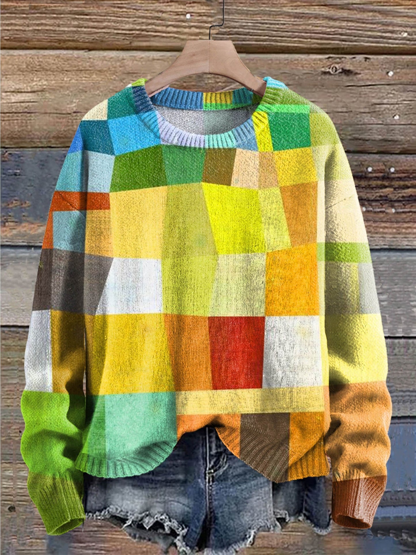 Colorful Irregularly Squares Print Knit Pullover Sweater