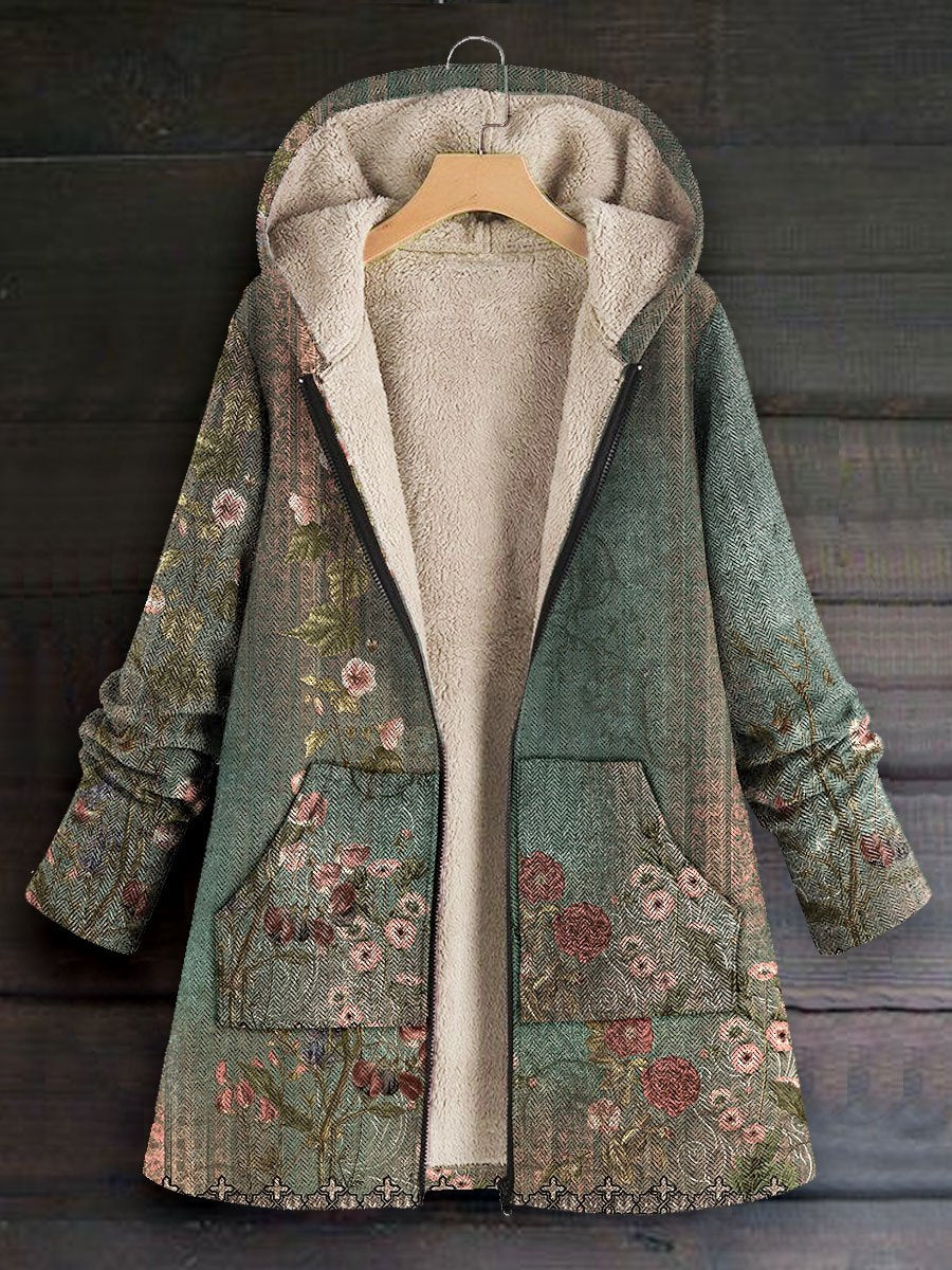 Women's Vintage Art Print Casual Winter Warm Cosy Long Sleeve Fleece Coat