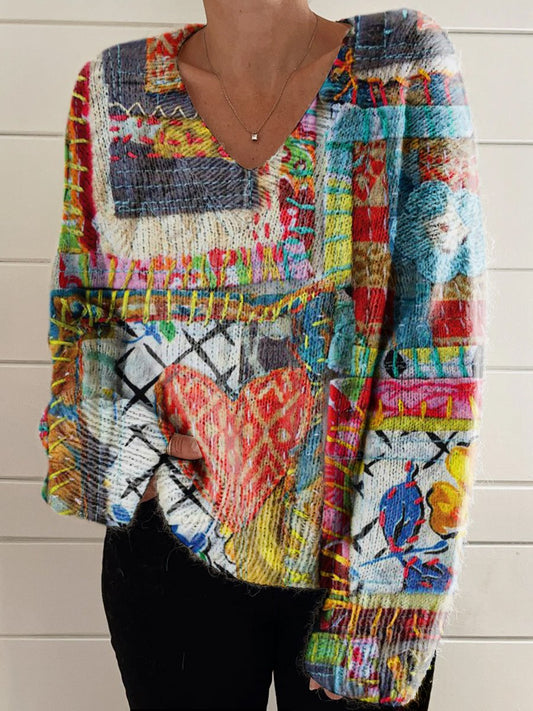 Women's Colorful Patchwork Print Casual V-neck Pullover Knit