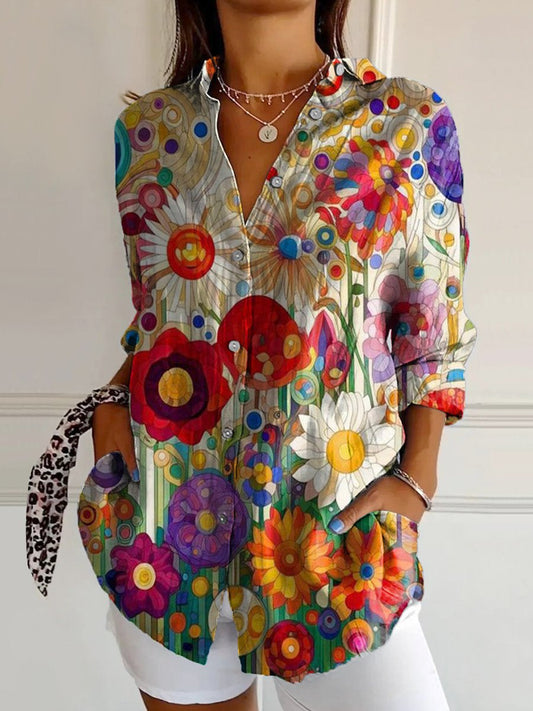 Women's Retro Colorful Flowers Print Casual Cotton Shirt