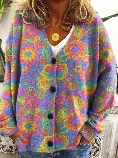 Retro Floral Hippie Print Buttoned V-neck Cardigan Sweater