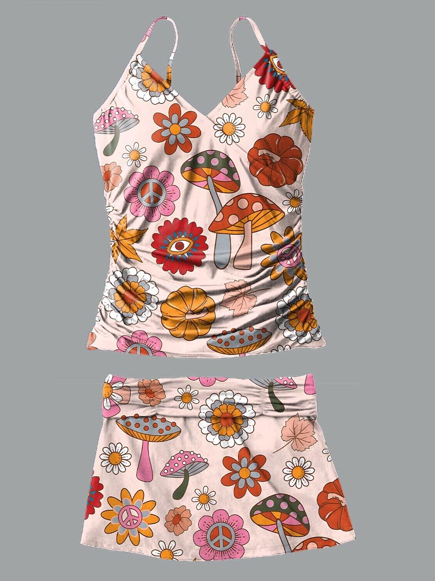 V-Neck Vintage Hippie Mushroom Flowers Art Print Suspender Skirt Tankini Pantskirt Set Swimsuit