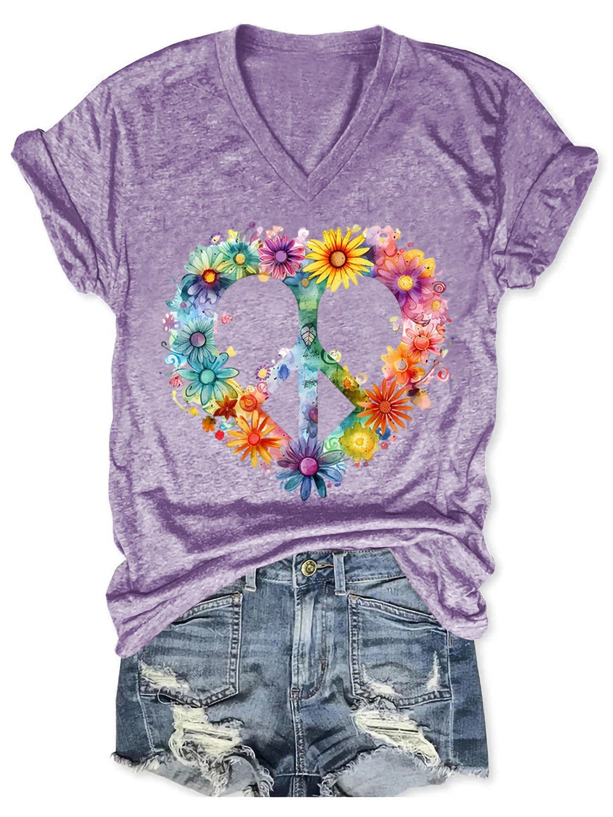 Women's Floral Peace And Love Art Print V-neck Casual T-Shirt