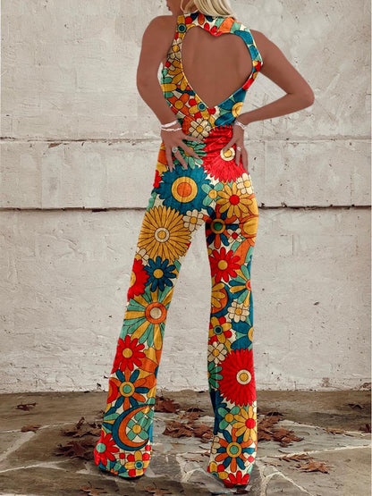 Women's Flower Print Casual Denim Jumpsuit