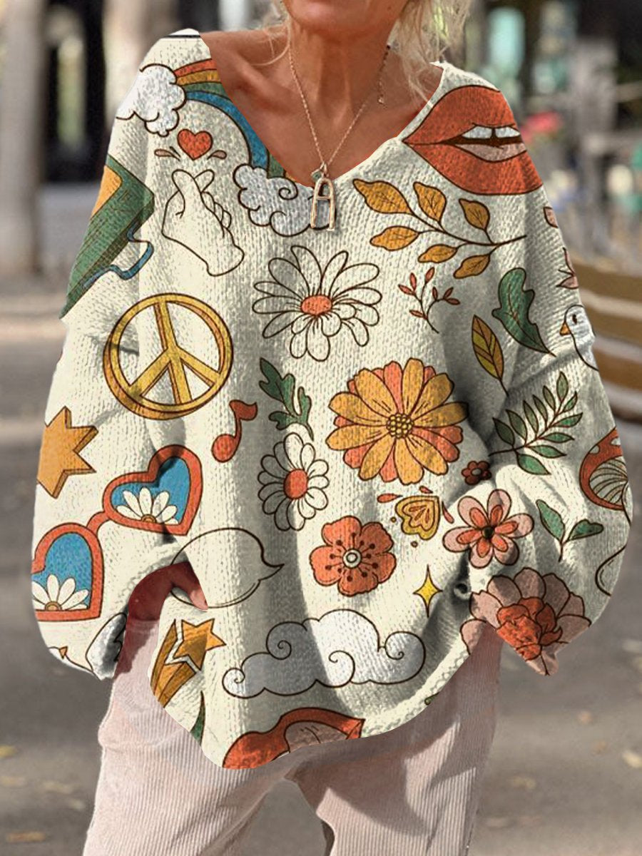 Women's Hippie Art Floral Lip Pattern Print Casual Pullover Sweater