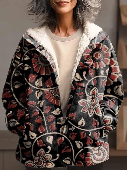 Women's Folk Art Floral Print Waffle Plush Thick Long-Sleeved Hooded Coat