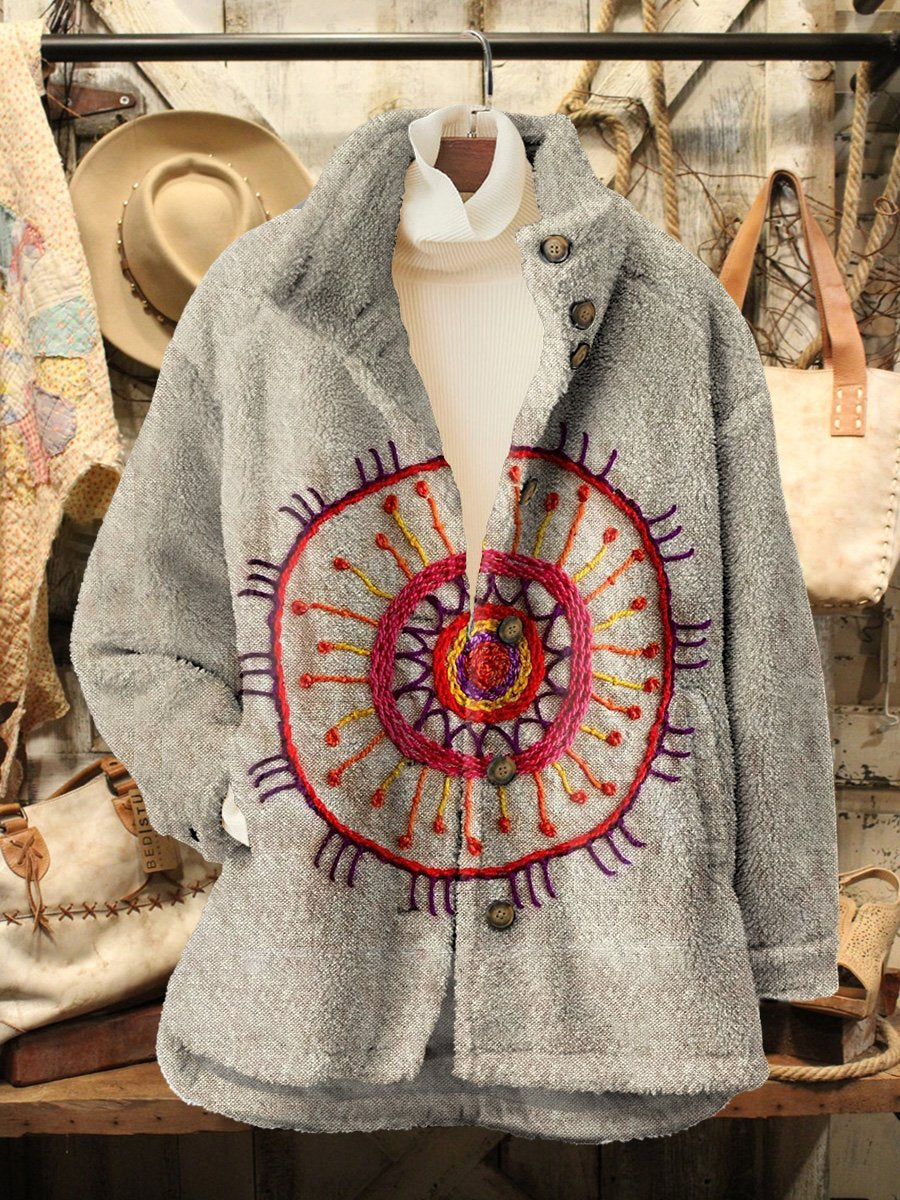 Women's Vintage Totem Print Casual Sherpa Coat Cardigan