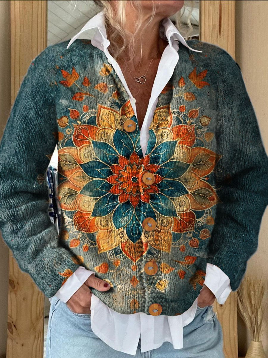 Womens Vintage Mandala Art Print Buttoned Cardigan Sweater