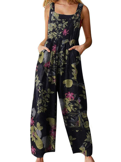 Floral Pattern Hippie Art Print Casual 100% Cotton Wide Leg Jumpsuit