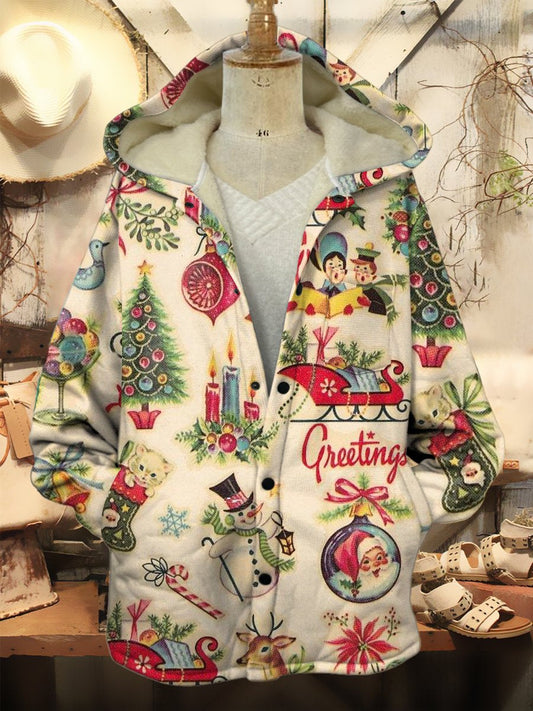 Christmas Retro Pattern Print Waffle Plush Thick Long-Sleeved Hooded Coat