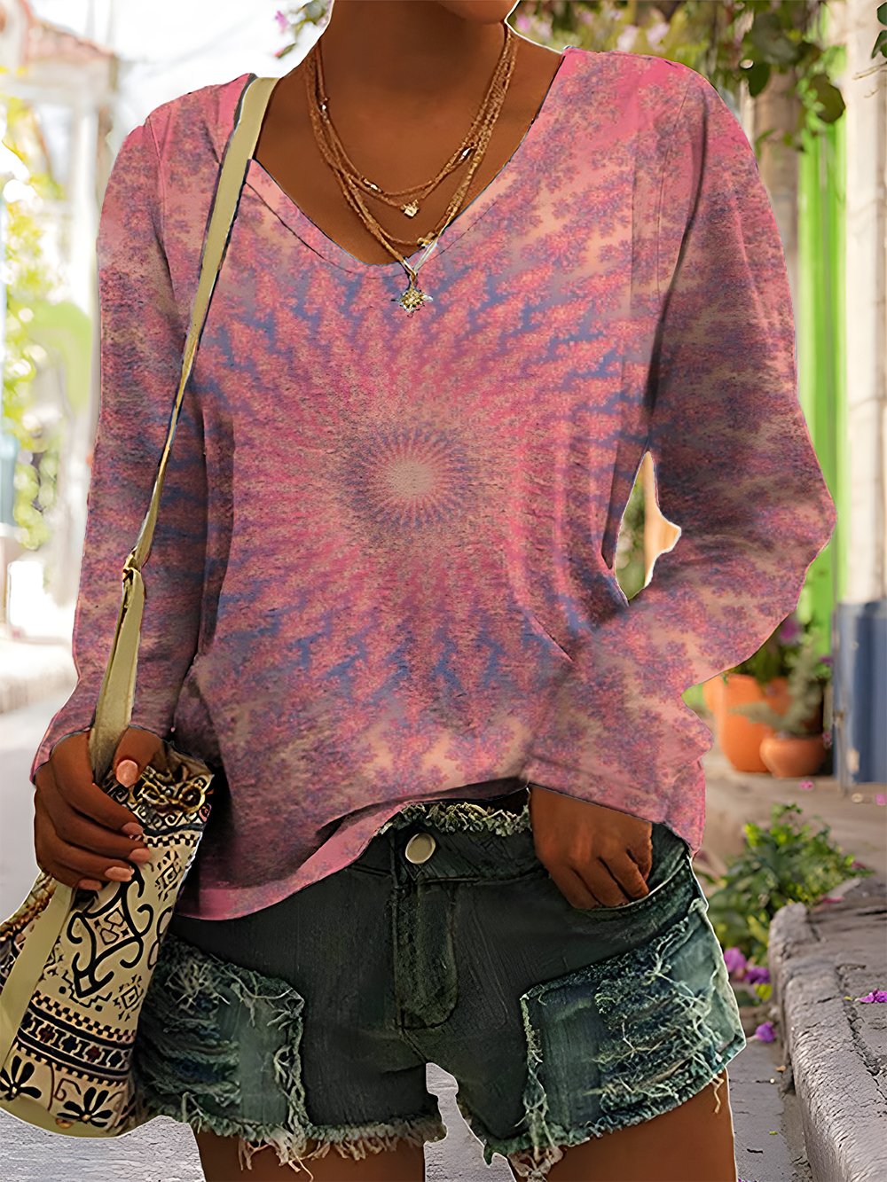 Women's Retro Kaleidoscope Print Casual V-neck Long Sleeve T-shirt